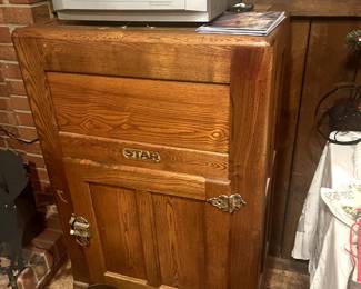 Wooden oak ice box fridge cabinet, stereo, holiday decor. 
