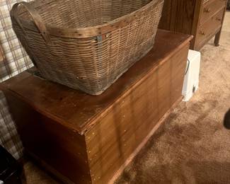 Cedar trunk, large antique woven basket. 