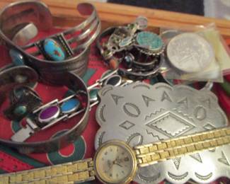 Navajo belt buckle, turquoise and sterling bracelets