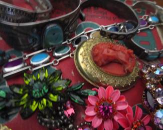 Old cameo, rhinestones, turquoise and more