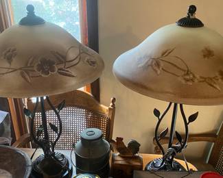 Pair of Floral Glass Shade Table Lamps