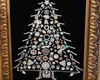 Vintage jewelry framed jeweled Christmas tree.