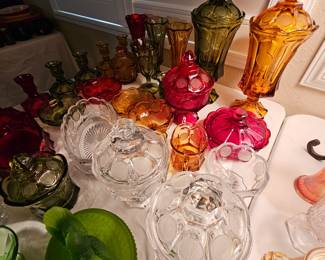 Vintage Fostoria coin glassware, numerous colors.