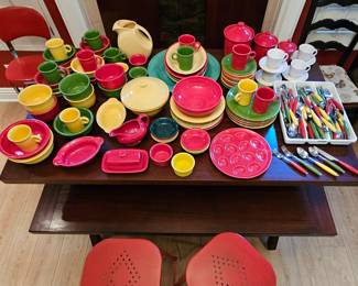 Huge mixed lot collection of FIESTA pottery Fiestaware & flatware set.