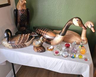 NUMEROUS wooden carved & painted signed TOM TABER birds including a rare Bald Eagle.