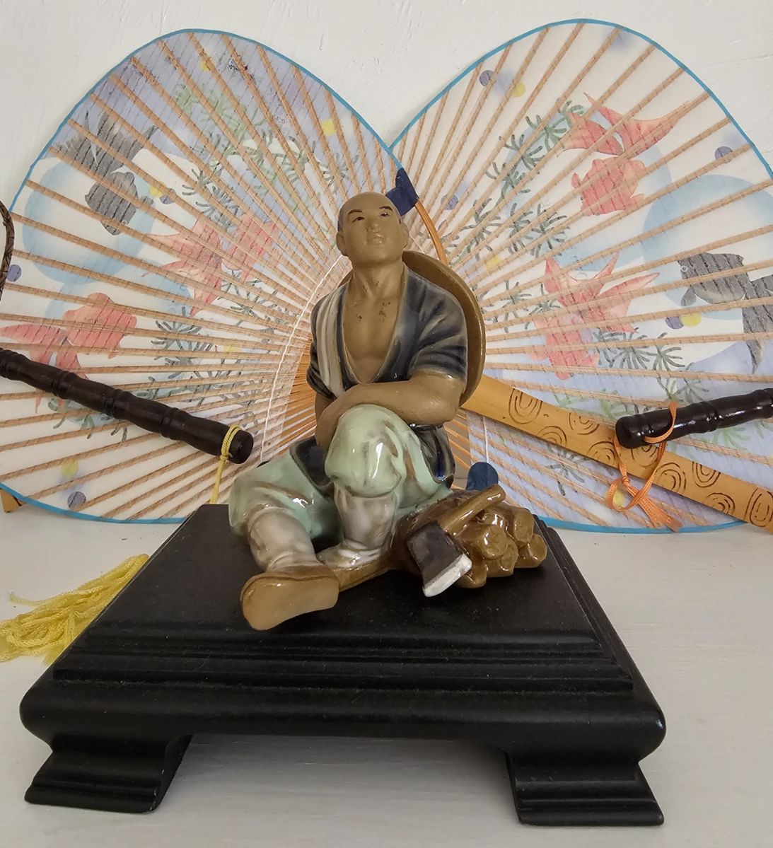 Chinese Mud Man with Vintage Fans 