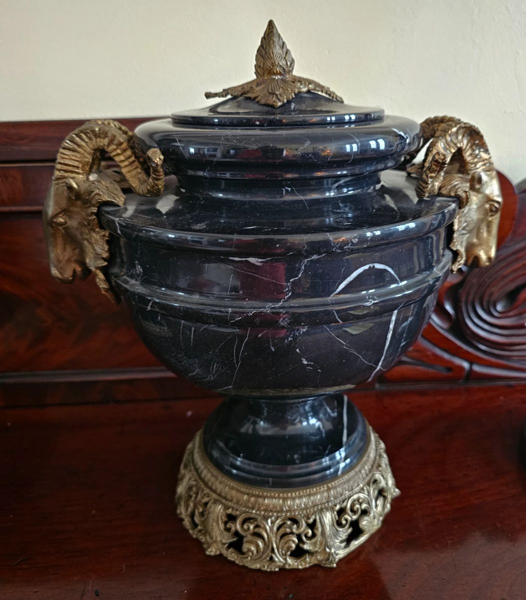 Pair of Bronze Ramshead and Marble Urns