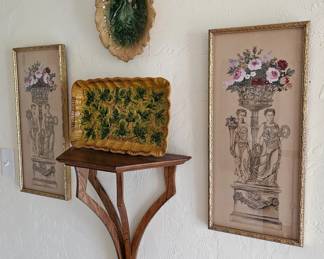 The two Framed pieces are Antique Wallpaper pieces, with Majolica dishes 