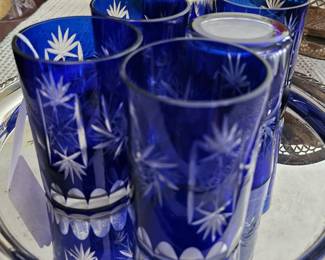 6 Bohemian Cut to Clear Cobalt Tumblers 