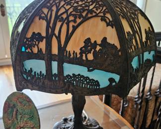 1920 era Art Nouveau Miller Lamp Co Slag and Bronze Lamp