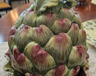 Large Majolica Artichoke lidded Soup with Ladle.