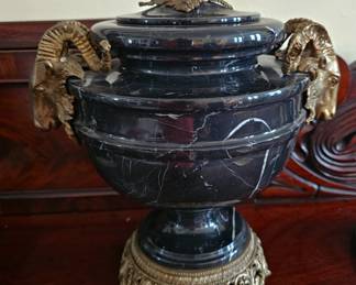 Pair of Bronze Ramshead and Marble Urns 