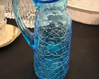 Vintage Crackle Glass Blue Pitcher