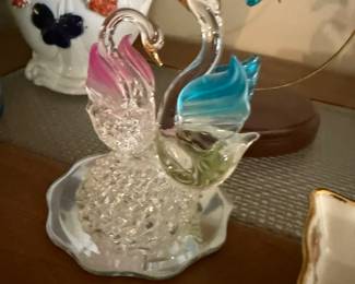 Vintage Spun glass Swans on Mirror 