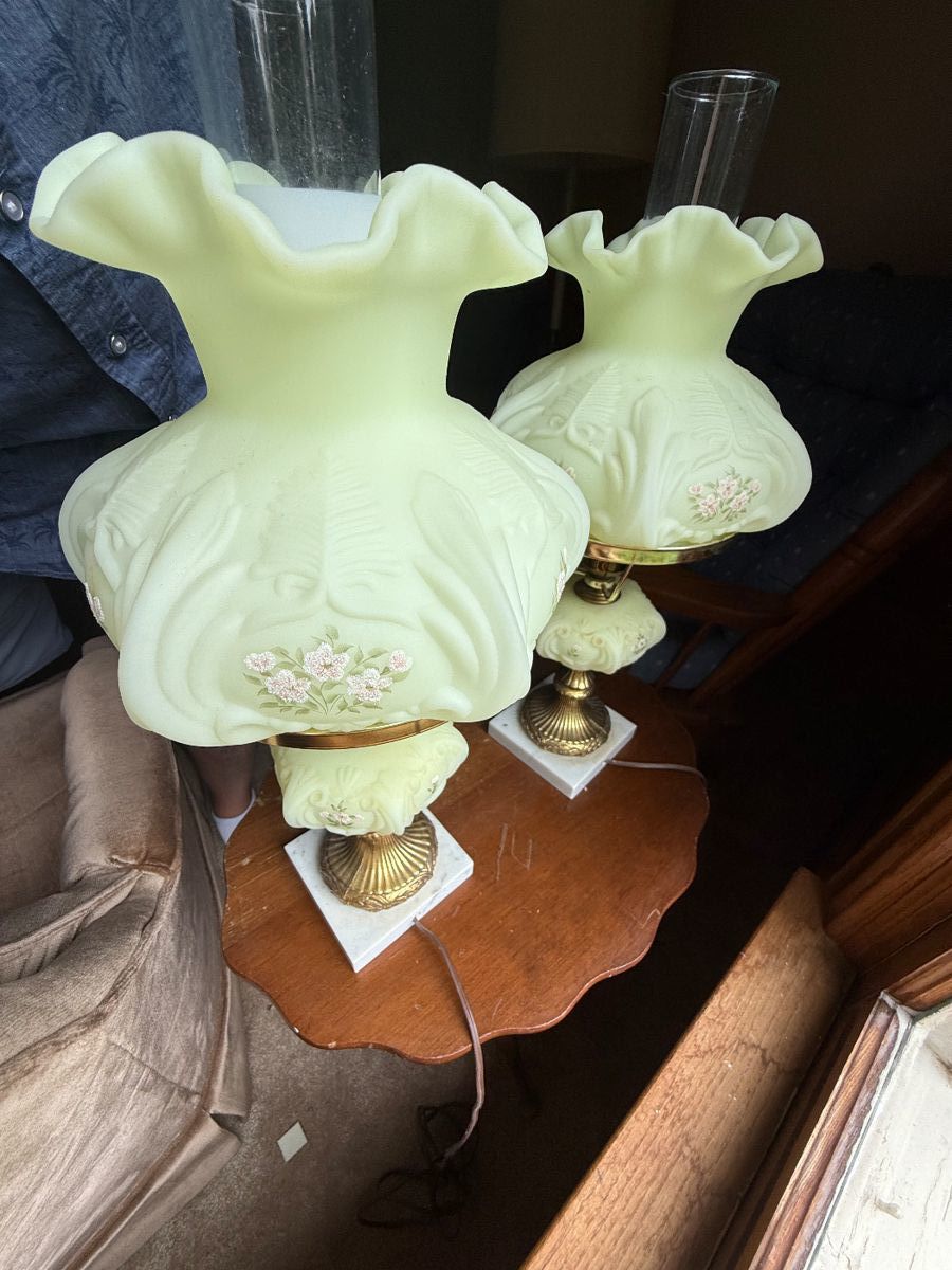 Two Hand Painted Fenton Uranium Glass Lamps