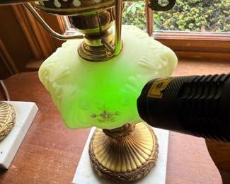 Two Hand Painted Fenton Uranium Glass Lamps