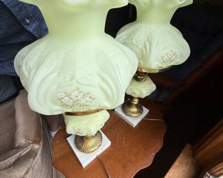 Two Hand Painted Fenton Uranium Glass Lamps