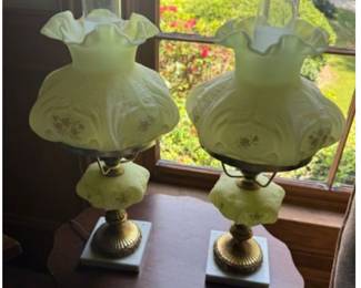 Two Hand Painted Fenton Uranium Glass Lamps