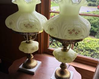 Two Hand Painted Fenton Uranium Glass Lamps