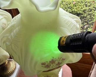 Two Hand Painted Fenton Uranium Glass Lamps