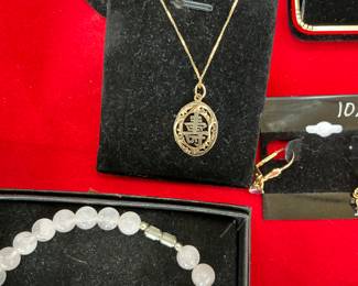 Pink opals, Asian 14k charm, necklace 