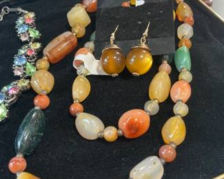 Multi polished rock necklace, Amber earrings