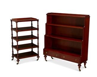 1037
Two English mahogany whatnots
20th century
Comprising one cabinet with four tiers in graduated depths above two drawers, and another five-tiered stand with turned supports, each with upper gallery and raised on casters
2 pieces
Taller: 43.5" H x 39" W x 12" D; Shorter: 38.5" H x 21.5" W x 14.5" D
Estimate: $400 - $600