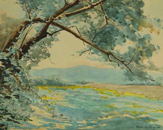 1192
Myrtle C. Godfrey
(1885-1974)
Landscape with bent tree, 1908
Watercolor on paper
Signed and dated lower right: M.C. Godfrey. 08.
Sight: 10" H x 14.75" W
Estimate: $500 - $700