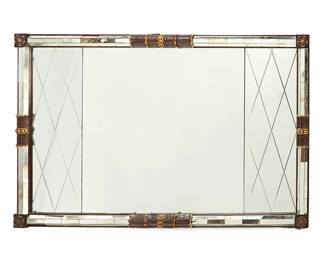 1237
A Regency-style parcel-gilt wall mirror
20th century
The frame with mirrored panels and decorated with gilt floral medallions and acanthus leaves surrounding a rectangular mirror with cut diamond trellis pattern
40" H x 64" W
Estimate: $500 - $700