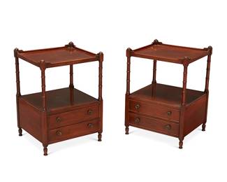 1230
A pair of George III-style mahogany side tables
20th century
Each square top on turned supports above an open aperture with two drawers below
2 pieces
Each: 26" H x 19" W x 17" D
Estimate: $200 - $300