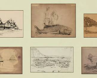 1026
A group of six works on paper framed together, one by Jaren Otto (20th century) and five by John Tinney McCutcheon (1870-1949)
Six works:
Jaren Otto (20th century)
Mountain lodge
Ink on paper
Signed in ink at the center of the right edge: Jaren Otto
Sight: 4" H x 6.25" W
John Tinney McCutcheon (1870-1949)
Boy and girl standing by a huge sea bass
Ink on paper
Signed in ink lower left: J Cutch
Sight: 5" H x 6.75" W
John Tinney McCutcheon (1870-1949)
Boating on Echo Park Lake
Ink on paper
Appears unsigned
Sight: 3.5" H x 4.875" W
John Tinney McCutcheon (1870-1949)
Sailboats off Catalina
Ink on paper
Signed in ink lower left: J McCutcheon
Sight: 4" H x 7.5" W
John Tinney McCutcheon (1870-1949)
Bouldered Beach, Catalina
Ink on paper
Signed in ink lower left: J Cutch
Sight: 3.75" H x 6.5" W
John Tinney McCutcheon (1870-1949)
Native American woman standing before a door
Ink on paper
Signed in ink lower left: McCutcheon
Sight: 4" H x 6.5" W
Estimate: $400 - $600