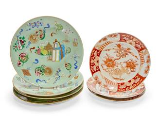 1278
Two sets of Chinese porcelain plates
20th century
Each celadon with blue underglaze apocryphal reign mark
Comprising a set of four Chinese Famille Rose celadon-glazed porcelain plates, and three Chinese plates with orange floral motifs
7 pieces
Each Famille Rose: 10.25" Dia.; Each red: 8.5" Dia.
Estimate: $200 - $300