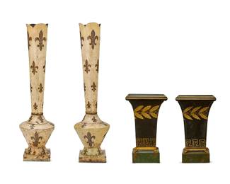 1128
Two pairs of French toleware vases
19th century
Comprising a pair of footed vases, each adorned with gilt fleur-de-lis decoration on a cream ground, and pair of Empire gilt and black-painted urns, each with laurel and Greek key motifs raised on faux green marble painted bases
4 pieces
Each fleur: 24.5" H x 7" Dia.; Each Empire: 12.25" H
Estimate: $800 - $1,200