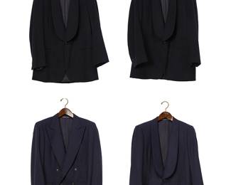 1125
A group of custom-tailored men's jackets
Circa 2014
Variously labeled for maker/tailor, date, and fabric
Comprising four wool formal-style jackets tailored by Y. William Yu, Hong Kong/New York, including two in dark blue tweed from Holland & Sherry, Savile Row London, one double-breasted and one with shawl lapels, as well as two single-breasted jackets in brushed navy wool flannel with tuxedo-style shawl lapels
4 pieces
Each: half chest: 22-21"; center back: 30-31"; sleeve: 25-23.5" approximately
Estimate: $300 - $500