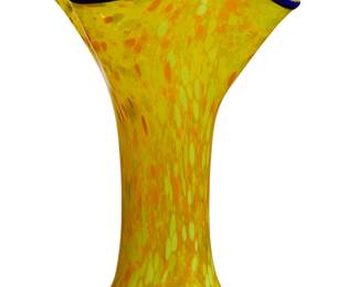 1078
A large Contemporary art glass vase
2004
Underside signed indistinctly and dated: 04
The blown yellow and orange vase with a flared and scalloped cobalt blue lip
15" H x 10" W x 11" D
Estimate: $300 - $500