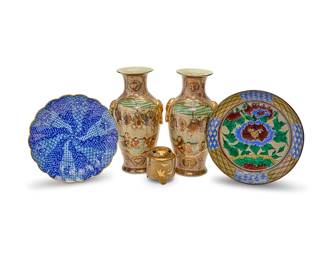 1090
A group of East Asian porcelain vessels
Late 20th/early 21st century
Each vase marked to underside: Made in China / For Decorative Purpose Only / Not for Food Use; incense with Japanese mark
Comprising a pair of Japanese Satsuma-style porcelain vases, a Japanese Kutani pottery bowl, a Japanese black and gold speckled porcelain covered incense burner depicting butterfly motifs, and a blue and white footed plate
5 pieces
Each vase: 14.5" H x 7.5" Dia.; Kutani: 2.25" H x 12.75" Dia.; Incense: 4.75" H x 4.5" Dia.
Estimate: $200 - $300