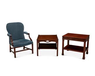 1070
A Smith & Watson armchair and two small tables
Mid-late 20th century
The chair with Smith & Watson metal tag to underside
Comprising a Smith & Watson George III-style armchair with blue fabric upholstery, a small Chinese Chippendale-style two-tiered carved mahogany side table, and a Kittinger mahogany square-form occasional table
3 pieces
Larger side table: 24" H x 27.5" W x 20.75" D; Smaller side table: 21" H x 25" W x 25" D; Chair: 37.5" H x 26.5" W x 28" D
Estimate: $200 - $300