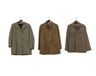 1302
A group of men's jackets
Late 20th/21st century
Variously labeled for maker and for fabric content
Three works:
A reversible wool and cashmere tweed long jacket with variegated herringbone tweed alternating to heathered brown wool suiting, with a leather collar to one side and multiple pockets
Made in Italy; half chest: 25"; center back: 34.5"; sleeve: 25"
A Luciano Barbera black and white wool/alpaca herringbone tweed jacket with multiple button-flap pockets and a quilted lining
Made in Italy; size 48; half chest: 24"; center back: 31.5"; sleeve: 26.5"
A Birger Christensen Copenhagen quilted green cotton-mix long outdoor jacket with brown faux-fur and quilted nylon lining, with branded buttons
Size M; half chest: 24.5"; center back: 35.5"; sleeve: 27-25"
3 pieces
Estimate: $400 - $600