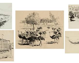 1025
Carl N. Werntz (1874-1944)
Five works:
Clawson's Ostrich Farm, South Pasadena, circa 1892
Ink on thin paper
Appears unsigned
Sight: 10" H x 12.375" W
The zanja on Figueroa Street, looking north toward the Stimson Mansion, Los Angeles
Ink on paper
Initialed in ink at the center of the left edge: W
Sight: 6.5" H x 9" W
Saltair Beach bathing resort, The Great Salt Lake
Appears unsigned
Sight: 6" H x 11.25" W
Homes nestled in the valley
Ink on paper
Initialed in ink at the center of the right edge: W
Sight: 6.75" H x 9.5" W
The Palace Hotel, San Francisco
Ink on paper
Initialed in ink lower right: W
Sight: 8" H x 10.5" W
Estimate: $400 - $600