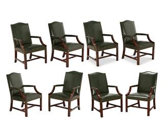 1217
A set of eight Kindel George III-style mahogany armchairs
Late 20th century
Most with Kindel paper label to underside
Each carved wood chair upholstered in a green leather with brass tacking
8 pieces
Each: 40" H x 25" W x 28.5" D
Estimate: $600 - $800