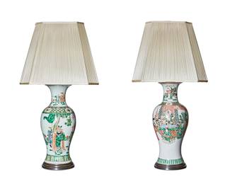 1214
Two Chinese enameled porcelain table lamps
20th century
Each vase enameled with various figures, converted to a single-light lamp on a wood base, surmounted by a pleated fabric shade, electrified
2 pieces
Overall: 31.5" H x 16.25" W x 16.25" D; Vase: 17" H x 8" Dia.
Estimate: $200 - $300