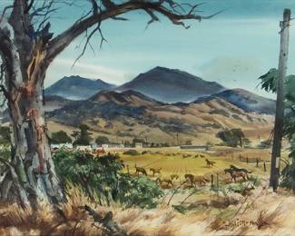 1224
Jade Fon
(1911-1983)
View of a horse farm
Watercolor on paper
Signed lower right: Jade Fon SWA
Sight: 21.5" H x 28.25" W
Estimate: $500 - $700
