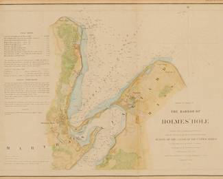 1333
"The Harbor of Holmes Hole, Martha's Vineyard, Massachusetts 1847, founded upon Trigonometrical Survey under the direction of A.D. Bache, Superintendent of the Survey of the Coast of the United States"
Map in colors on paper
From the edition of unknown size and date
Unsigned
Sight: 10.625" H x 14.5" W
Estimate: $50 - $100