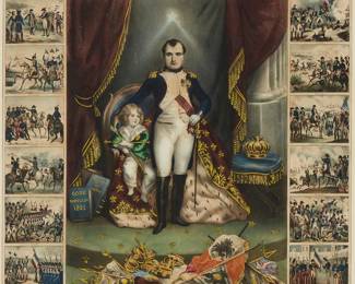 1065
19th Century French School
"Napoleon and Son with historical vignettes," circa 1820s-1830s
Lithograph with hand-coloring and possibly gum arabic on paper
The elaborate border including depictions of 16 historic battles, with each corner featuring a monument to Napoleon: the Colonne de la Victoire, the Colonne d' Austorlitz, the Arc de Triomphe du Carrousel, and the Arc de Triomphe de l'Etoile
Image: 19" H x 16.75" W; Sight: 19.25" H x 17" W
Estimate: $150 - $250