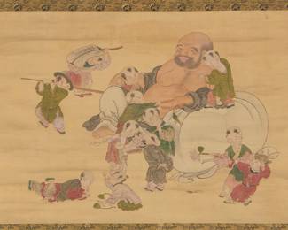 1270
A Japanese silk painting
19th/early 20th century
Depicting a laughing Buddha surrounded by children
Appears unsigned
Overall sight: 31" H x 34" W
Estimate: $400 - $600