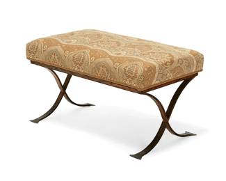 1165
A Contemporary upholstered wrought-iron bench
Late 20th/early 21st century
With curvilinear X-form supports, upholstered in a beige fabric with trimming
18" H x 33.5" W x 20" D
Estimate: $100 - $200