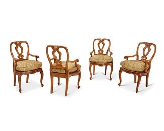 1138
A set of four Italian fruitwood open armchairs
20th century
Each with ribbon backs, caned seats, and seat cushion later upholstered in a gold-toned fabric
4 pieces
Each: 35" H x 22" W x 21" D
Estimate: $200 - $300