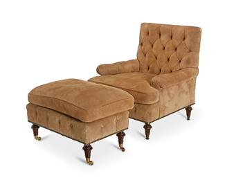 1038
A Contemporary tufted suede armchair and ottoman
Late 20th/early 21st century
Each with brass tacking and turned wood legs, the ottoman with brass casters
2 pieces
Armchair: 37" H x 35" W x 37" D; Ottoman: 20" H x 32" W x 21" D
Estimate: $300 - $500
