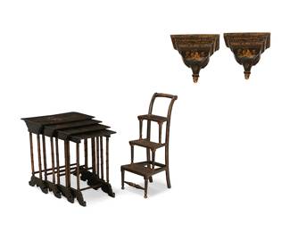 1328
A group of East Asian-style ebonized furniture items
20th century
Comprising four lacquered ebonized nesting tables in graduated sizes, each with chinoiserie decoration and bamboo-form legs, a Nancy Corzine set of black and gilt japanned library steps, and a pair of black and gilt japanned wall brackets
7 pieces
Largest table: 26" H x 23.25" W x 14.5" D; Library: 35" H x 14" W x 17" D; Each bracket: 14.5" H x 15.25" W x 11" D
Estimate: $300 - $500