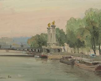 1062
Paul Gunn
(b. 1934)
Pont Alexandre III, Paris, 1980
Oil on panel
Signed and dated lower left: Paul Gunn 80
8" H x 12" W
Estimate: $200 - $300